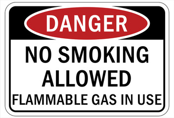 Fire hazard, flammable gas sign and labels no smoking allowed flammable gas in use 