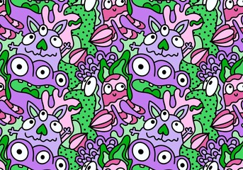 Cartoon doodle monsters seamless aliens and animals pattern for wrapping paper and fabrics and kids clothes
