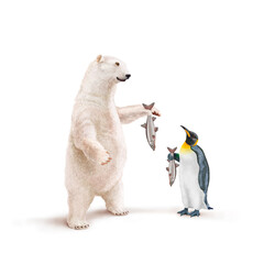 ours blanc, manchot empereur, frigide, barbeau fluviatile, poisson à la main, neige, pêcher, montrant, faune, illustration, arctique, hiver, blanc, glace, animal, nature