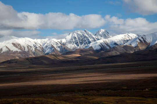 View toward the snow-covered Alaska Range from Polychrome Overlook in Denali National Park and Preserve; Alaska, United States of America