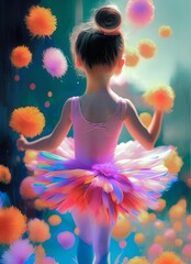 charming little ballerina, girl in a bright puffy dress made of feathers. card