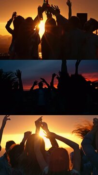 Split screen of young men and women enjoying dancing at party outdoors in evening