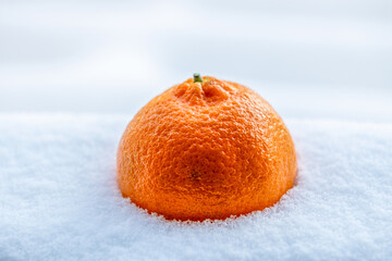 Sweet mandarin citrus fruit on the white fluffy snow on the sunny winter day