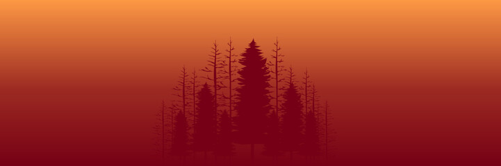 sunset forest landscape silhouette flat design vector illustration good for wallpaper, backdrop, background, web banner, and design template	