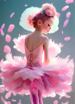 charming little ballerina, girl in a bright puffy dress made of feathers. ballet postcard