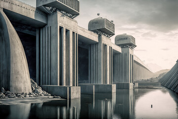 Architektonische Kolosalbauwerke Wellenkraftwerk Tsunami Wall Schutzwall Gigantische Haltesysteme Kraftwerk Alternative Generative AI Digital Art Background Hintergrund Illustration Brainstorming