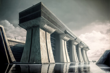 Fototapeta premium Architektonische Kolosalbauwerke Wellenkraftwerk Tsunami Wall Schutzwall Gigantische Haltesysteme Kraftwerk Alternative Generative AI Digital Art Background Hintergrund Illustration Brainstorming