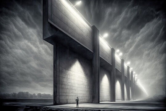 Architektonische Kolosalbauwerke Wellenkraftwerk Tsunami Wall Schutzwall Gigantische Haltesysteme Kraftwerk Alternative Generative AI Digital Art Background Hintergrund Illustration Brainstorming