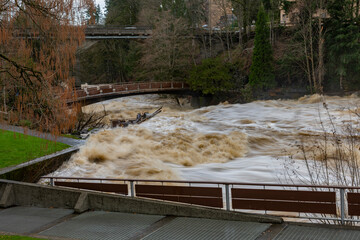 Flooding waters at the Tumwater Falls of the Deschutes River; Olympia, Washington, United States of America