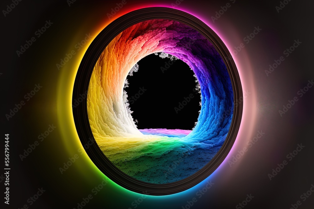 Poster magic gateway in the shape of a rainbow, centered on a dark background generative ai