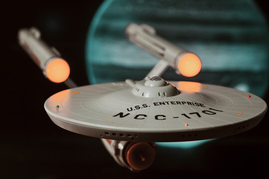 NEW YORK USA - JAN 8 2023 - Star Trek Federation Starship USS Enterprise In Space, NCC 1701 - Star Trek Origins Enterprise Ship