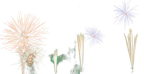 Isolated red yellow purple blue and white fireworks with smoke overlay