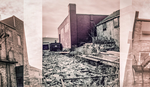 Composite of architecture in vintage effect and colour, one image with a neglected yard; Winnipeg, Manitoba, Canada