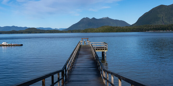 Wooden pier in the harbour and waterfront in Tofino on the west coast of Vancouver Island; Tofino, British Columbia, Canada