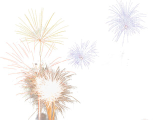 Isolated exploding purple, yellow, red and gold fireworks overlay