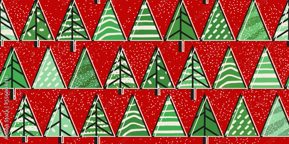 Poster red background and christmas trees for stylish illustration. printing pattern for wallpaper and seam