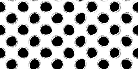 Black polka dots hand drawn with doodles. Vector print for seamless webs. Stylish illustration seamless for wallpaper and print surfaces. © Crashik