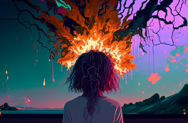 Girl has depression, transitional growth. Sad lonely girl.