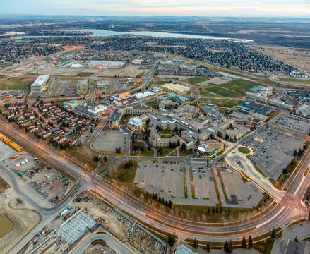 Aerial evening view of a university campus in Calgary, Alberta, Canada; Calgary, Alberta, Canada