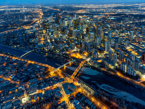 Aerial evening view of downtown Calgary, Alberta, Canada; Calgary, Alberta, Canada