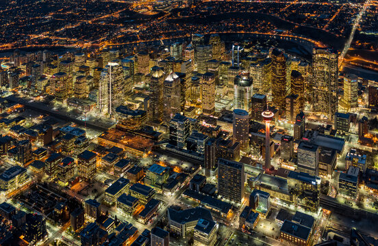 Aerial evening view of downtown Calgary, Alberta, Canada; Calgary, Alberta, Canada