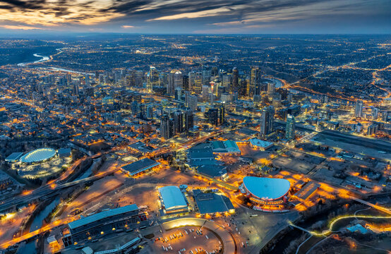 Aerial evening view of downtown Calgary, Alberta, Canada; Calgary, Alberta, Canada