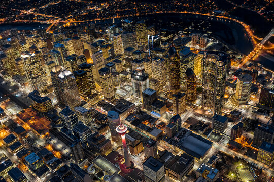 Aerial evening view of downtown Calgary, Alberta, Canada; Calgary, Alberta, Canada