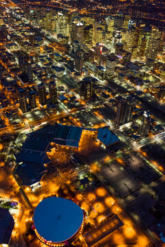 Aerial evening view of downtown Calgary, Alberta, Canada; Calgary, Alberta, Canada