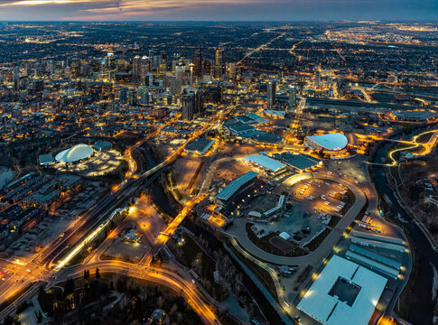 Aerial evening view of downtown Calgary, Alberta, Canada; Calgary, Alberta, Canada