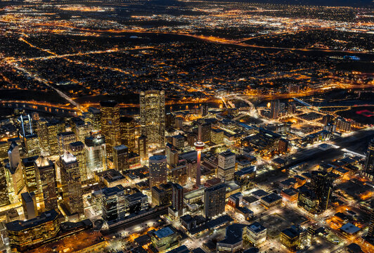 Aerial evening view of downtown Calgary, Alberta, Canada; Calgary, Alberta, Canada