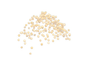 Soy Bean flying explosion, yellow grain beans explode abstract cloud fly. Beautiful complete seed pea soy bean splash in air, food object design. Selective focus freeze shot black background isolated