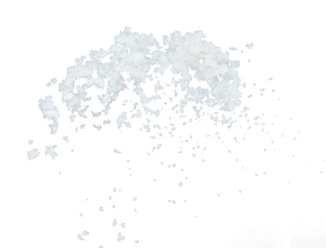 Salt flying explosion, crystal white grain salts explode abstract cloud fly. Beautiful complete seed salt splash in air, food object design. Selective focus freeze shot black background isolated