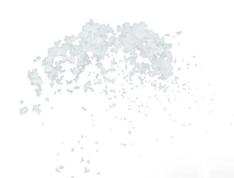 Salt flying explosion, crystal white grain salts explode abstract cloud fly. Beautiful complete seed salt splash in air, food object design. Selective focus freeze shot black background isolated