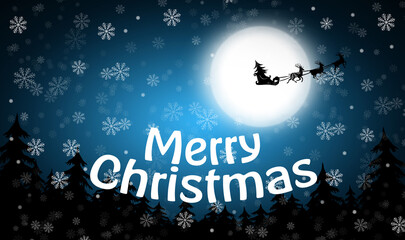 Fototapeta na wymiar Merry Christmas. Reindeers pulling Santa's sleigh in sky on full moon night