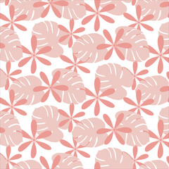 Colorful seamless pattern in trendy pink hues with hand drawn elements on a transparent background