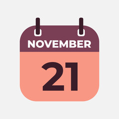 November 21 flat daily spiral calendar icon date vector image in matching color scheme. Suitable and perfect for design material, such as event or reminder.