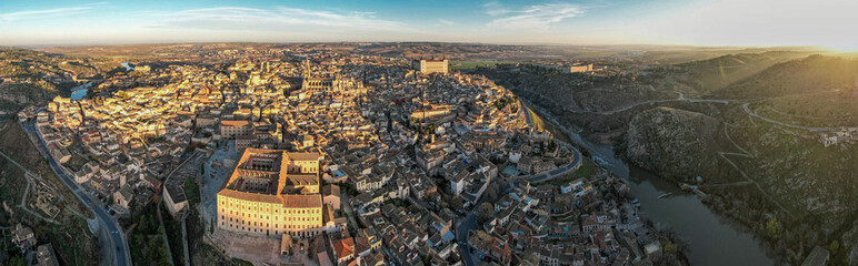 Panoramic views of the city of Toledo during sunrise on a sunny and clear day