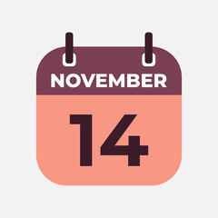November 14 flat daily spiral calendar icon date vector image in matching color scheme. Suitable and perfect for design material, such as event or reminder.