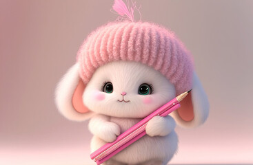 Fototapeta premium pink bunny.rabbit with a book,pink baby doll