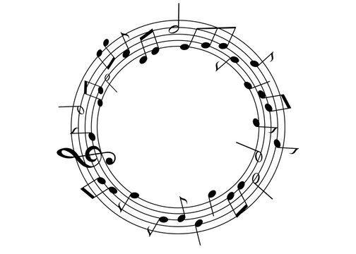 Frame of staff with treble clef and musical notes on white background