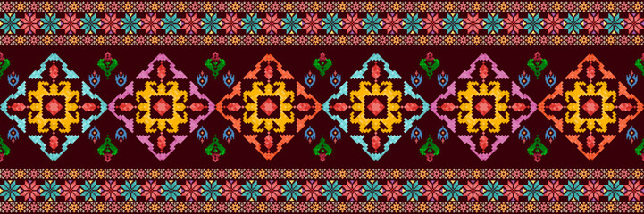 Ikat ethnic seamless pattern decoration design. Aztec fabric carpet boho mandalas textile wallpaper. Tribal native motif ornaments African American folk traditional embroidery vector background 