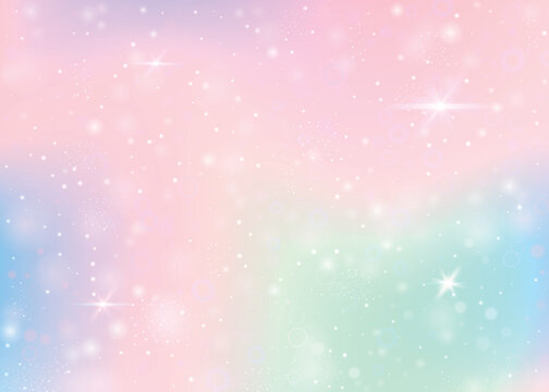 Holographic background with rainbow mesh. Girlish universe banner in princess colors. Fantasy gradient backdrop with hologram. Holographic unicorn background with fairy sparkles, stars and blurs.