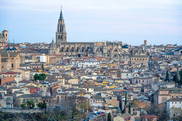 Views of the city of Toledo and its Cathedral during sunrise on a sunny and clear day