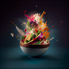 Salad explosion, action shot of tasty salad in bowl going boom, generative ai