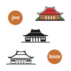 Fototapeta premium vector illustration, typical Indonesian Javanese house in 3 models, color, silhouette and border, flat cartoon design style.