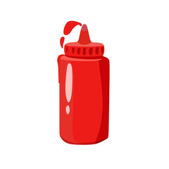 vector illustration of tomato chili sauce bottle with a little spill, flat cartoon design style.