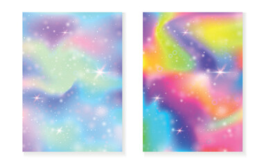 Fototapeta na wymiar Rainbow background with kawaii princess gradient. Magic unicorn hologram.