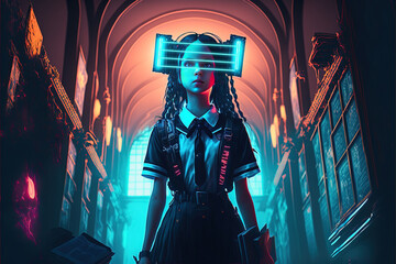 Fototapeta na wymiar A charming, goth school girl dressed in black wearing a VR headset, with a look of death and a cyberpunk feel.