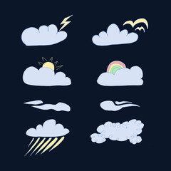 vector illustration, a set of clouds with multiple weather variations on a dark blue background, flat cartoon design style.