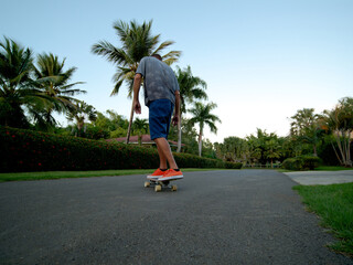 Fototapeta premium Back view of man rides a skateboard on the road. Tropical environment..